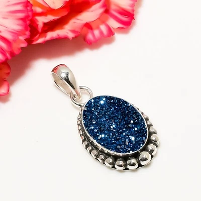COLGANTE DE DISEÑO DE PLATA ESTERLINA MACIZA 925 DRUSY ÁGATA TITANIO AZUL ELÉCTRICO AA Foto 1 de 4
