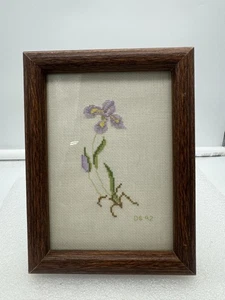 Vintage Framed Cross Stitch Needlepoint Iris Flower - Picture 1 of 6