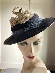 VTG 50s NAVY SUMMER STRAW FLAT CROWN TILT HAT w WIDE BRIM and FLOWERS - Picture 1 of 7