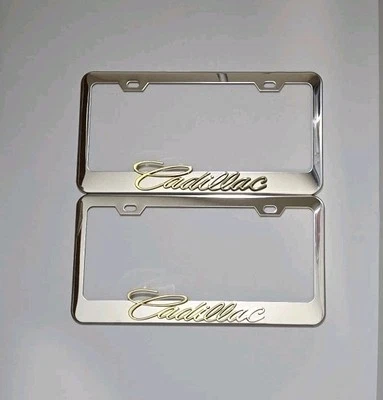 2 pcs Silver License Plate Frame for 3D Gold Cadillac Logo  - Image 1 of 4
