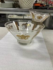 Vintage MCM Glass Chip and Dip Set Gold & Frosted Fleur-de-Lis Design - Picture 1 of 12