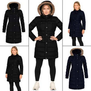 Ladies Padded Parka Jacket Enzo Womens Hooded Winter Warm Coat - Picture 1 of 11