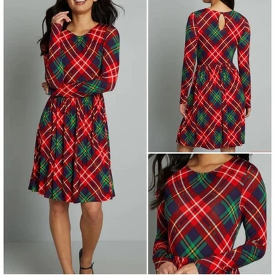 Vestido midi ModCloth rojo a cuadros manga larga cintura reunida línea A XL EN MUY BUEN ESTADO Foto 1 de 4