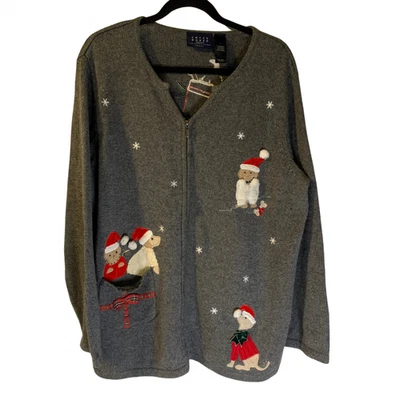 Suéter para mujer Crazy Horse Navidad perros talla grande 1X bolsillos con cremallera completa vacaciones Foto 1 de 4