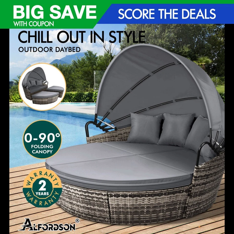 ALFORDSON Outdoor Sun Lounge Day Bed Wicker Furniture Sofa Bed Garden Grey 3PCS - image 1 of 4