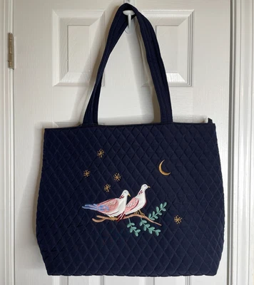 Vera Bradley Winter Forest Large Quilted Tote Bag Embroidered Doves Black Zip - Image 1 of 4