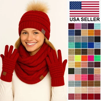 C.C 3pc Winter Warm Ribbed Knit Stretch Pom Pom Beanie Gloves and Scarf Set - Image 1 of 4