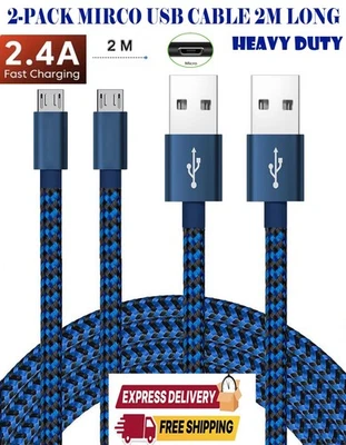 2 Pack Micro USB Lead For Samsung Phone Android Data Sync Long Charger Cable 2M - Image 1 of 4
