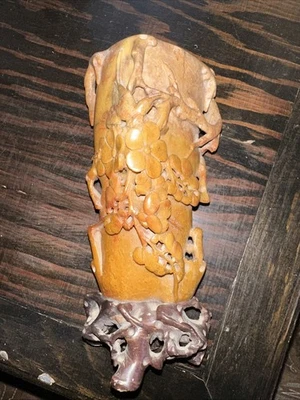 ANTIGUO JARRÓN FLORAL CHINO TALLADO EN PIEDRA DE JABÓN Y BASE Foto 1 de 4