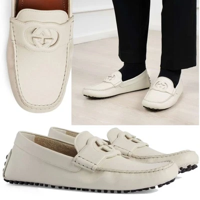 GUCCI SHOES MENS LOAFERS MOCCASINS G LOGO WHITE LEATHER $935 7.5G 8 - Image 1 of 4