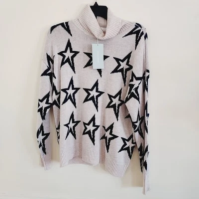 Sz L | Antonio Melani🏷 Turtleneck Sweater Star Dust Beige W/ Blue Stars - Image 1 of 4