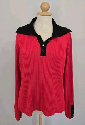 Liz Claiborne Red Black Ribbed Womens Button Turtleneck Sweater Shirt Sz Large - Image 1 of 4