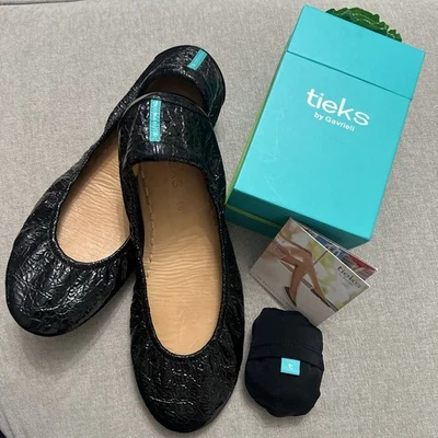 Tieks Gavrieli Talla 10 Obsidiana Negro Charol Ballet Plano Caja Bolso Flor Foto 1 de 4