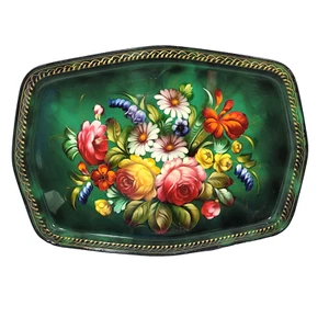 Bandeja para servir de metal floral rusa Zhostovo pintada a mano de colección 17,5" x 12,5" firmada - Imagen 1 de 18