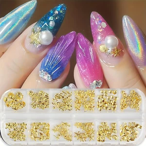 12 Gitter Gold Nagel Charms Sommer Metall Nailart Charms 3D Gemischte Form Goldnagel - Bild 1 von 12