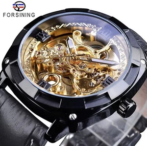 Forsining Mens Skeleton Mechanical Waterproof Luxury Watch Leather Gift Idea - Picture 1 of 8