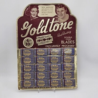 VINTAGE STORE DISPLAY - GOLDTONE RAZOR BLADES CARDBOARD W/ EASEL NOS Complete - Image 1 of 4