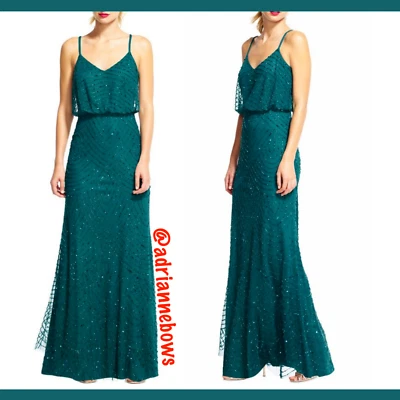 NWT Adrianna Papell Art Deco Beaded Blouson Gown in Hunter [PETITE SZ 16P ] N723 - Image 1 of 4