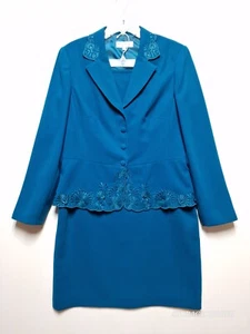 John Mayer 2 Piece Skirt Suit Women's 16 Blue Floral Embroidered Notch Lapel - Picture 1 of 16