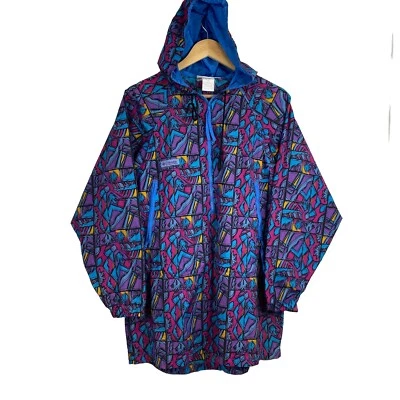 VTG 80s 90s Columbia Windbreaker M Geometric Multicolor Pullover Hood Retro AOP - Image 1 of 4