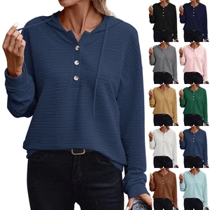 Hoodies for Women Solid Drawstring Button V Neck Long Sleeve Casual Pullover Top - Picture 1 of 19