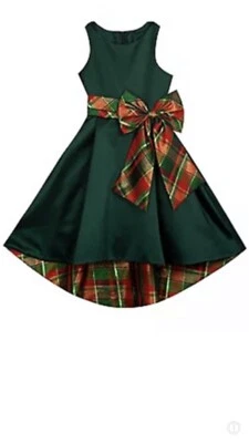 Christmas Dress Girl’s 2T Zipper High Low Length Belted Green Plaid Bow C2 - Image 1 of 2