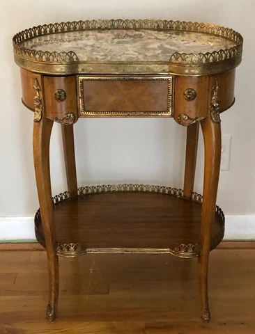 Antique French Ormolu Mounted Marble Top Kidney Shaped Table W/ Brass Galleries Cover