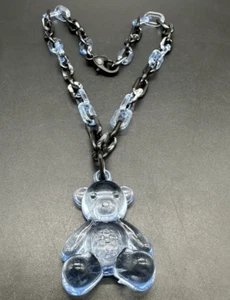 Acrylic Cable Link Chain Crystal Bear Pendant Necklace 17” Long Black & Blue - Picture 1 of 9