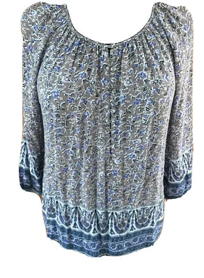 Top Campesino Kenar Mujer Medio Azul Beige Botón Frontal Floral Mangas 3/4 Foto 1 de 4