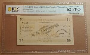 GM Lauridsen Port Angeles, WA $5 Panic - Depression Scrip of 1893, low serial #!