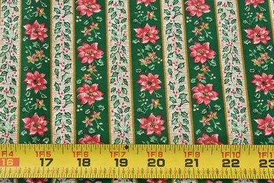 By 1/2 Yd, Vintage, Holly & Poinsettia Striped Cotton, Fabri-Quilt, Ozark, P9245 - Image 1 of 4