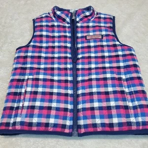 Vineyard Vines Blue Pink Plaid Fleece Fuzzy Plush Sherpa Reversible Vest Girl 4T - Picture 1 of 10