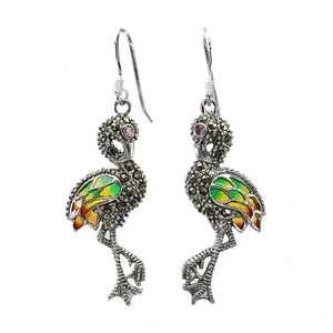 925 Sterling Silver Earrings Round Ruby Marcasite Natural Gemstone Bird Jewelry - Picture 1 of 14