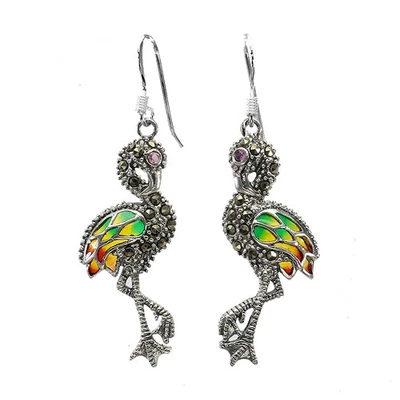 925 Sterling Silver Earrings Round Ruby Marcasite Natural Gemstone Bird Jewelry - Image 1 of 4