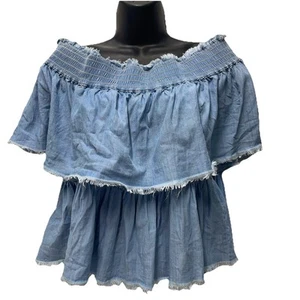 Fringed Ruffle Blue Denim Top M Crop Chambray Off The Shoulder Tiered Boho Beach - Picture 1 of 9