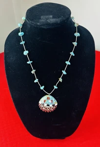 Santo Domingo Pueblo Kewa Turquoise Shell Mosaic Inlay Sterling Silver Necklace - Picture 1 of 9