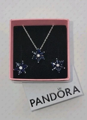 Authentic PANDORA Sparkling Blue Herbarium Cluster Necklace & Earrings Gift Set - Image 1 of 4