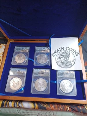  2021 American Silver Eagles 5-Coin Set 2021 T1-T2  S,W,P ANACS MS70  - Image 1 of 4