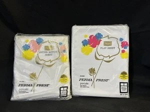 Nueva sábana plana y sábana ajustable vintage Sears Perma Prest percal sin hierro BLANCA - Imagen 1 de 5