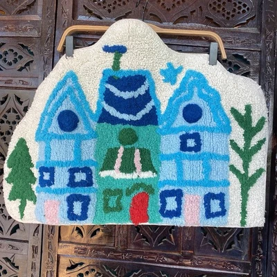 Alfombra de baño caprichosa 100 % algodón escena de pueblo arte popular casa alfombra bucle pila azul Foto 1 de 4