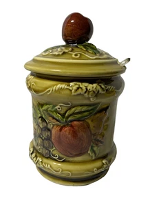 Vintage Green Sugar Bowl Dish Geo Z Lefton with Spoon 4127 Fruit Italy - Picture 1 of 7