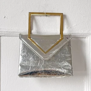 60s Silver Evening Bag Gold Handle Metallic Structured Granny Core Box Bag MCM  - Picture 1 of 8