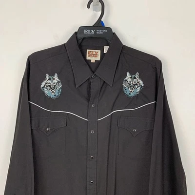 Ely Cattleman Western Shirt 2XL Black Wolf Embroidery Snap Cowboy Rockabilly - Image 1 of 4
