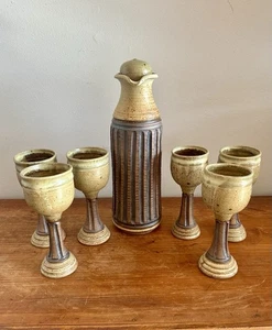 Vintage Signed Persis Gayle Studio Art Pottery Wine Set Lid Decanter 6 Goblets - Picture 1 of 18