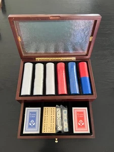 NEW! Poker Chip Wood Case With Storage Drawer, Cards, Cribbage & Dice! SEALED! - Picture 1 of 14