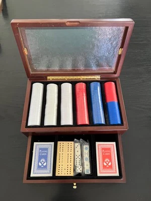 NEW! Poker Chip Wood Case With Storage Drawer, Cards, Cribbage & Dice! SEALED! - Image 1 of 4