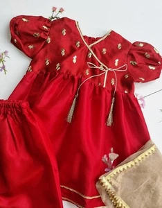 Red Chiffon Frock and Trouser | Shalwar Kameez | Girls Embroidered Ethnic Wear - Picture 1 of 6