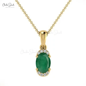 Colgante de boda medio halo de oro macizo de 14 k ovalado verde esmeralda y diamante colgante - Imagen 1 de 22