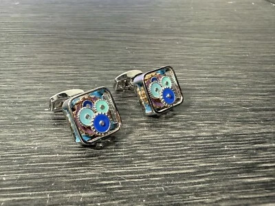 Gemelos de esmalte personalizados Tateossian Square Gear, azul Foto 1 de 4