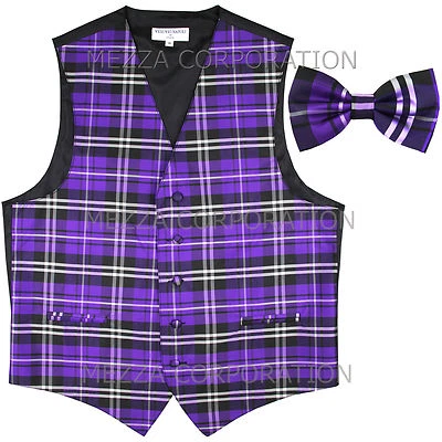 New Vesuvio Napoli Men's plaid checkered Tuxedo Vest Waistcoat_Bowtie Purple - Image 1 of 4